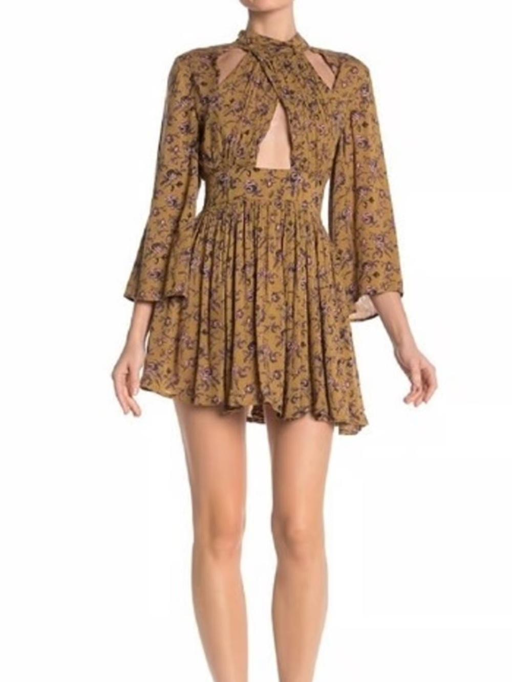 RAGA Mustard Floral Cut Out Mini Dress